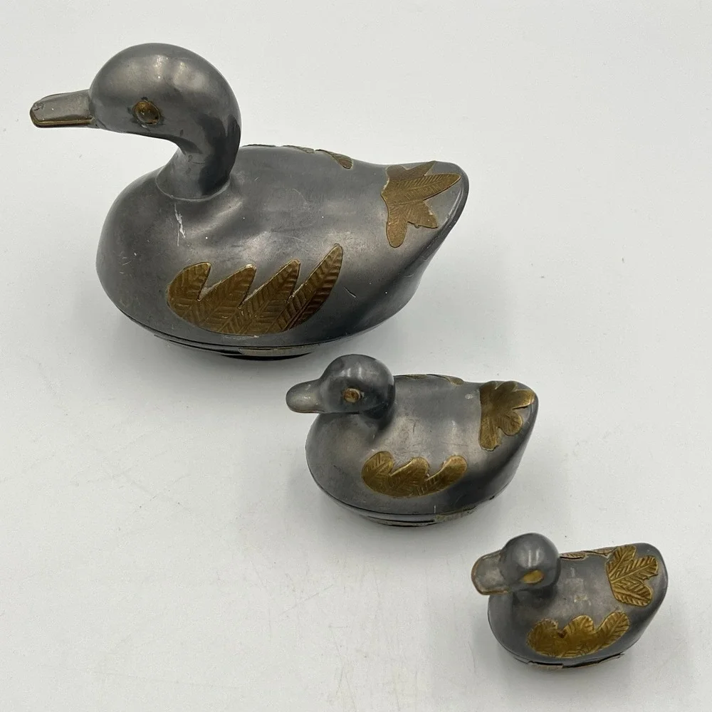 Vintage‎ Pewter Brass Nesting Duck Trinket Boxes Set of 3 Made in Hong Kong